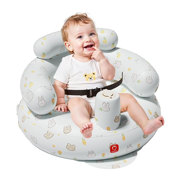 QPAU Inflatable Baby Seat with Safety Harness for Babies 3 Months & Up, Baby Floor Seats for Sitting Up, Baby Seats for Infants, Blow Up Baby Chair with Built in Air Pump (Rabbit and Bear)