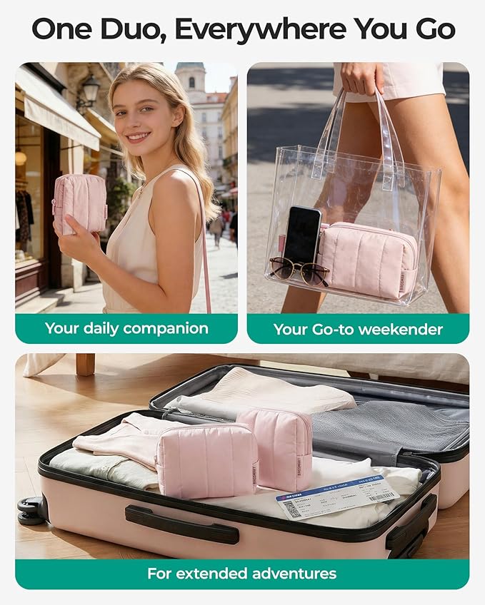 BAGSMART Makeup Bag Duo Set, Puffy Padded Travel Cosmetic Organizer with Slip-in Pockets, Large Toiletry Bag & Small Purse Pouch, Travel Essentials for Women, Greige