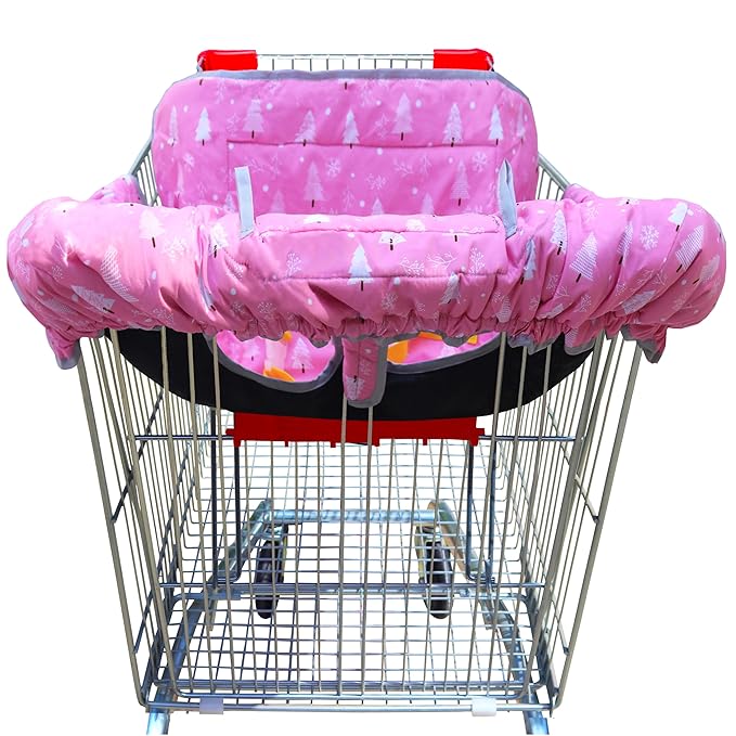 2-in-1 Shopping Cart and High Chair Cover-Grocery Cart Cover for Babies Toddlers Infants Resturant Highchair Cover-Padded Folds to Portable Pouch for Baby Boy Girl (Pink Tree)