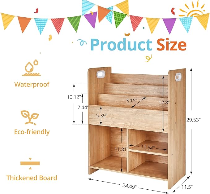VECELO Kids Bookshelf with Toy Storage - Wooden Nursery Organizer for Books & Toys, Easy Assembly Playroom Shelf (Teak)