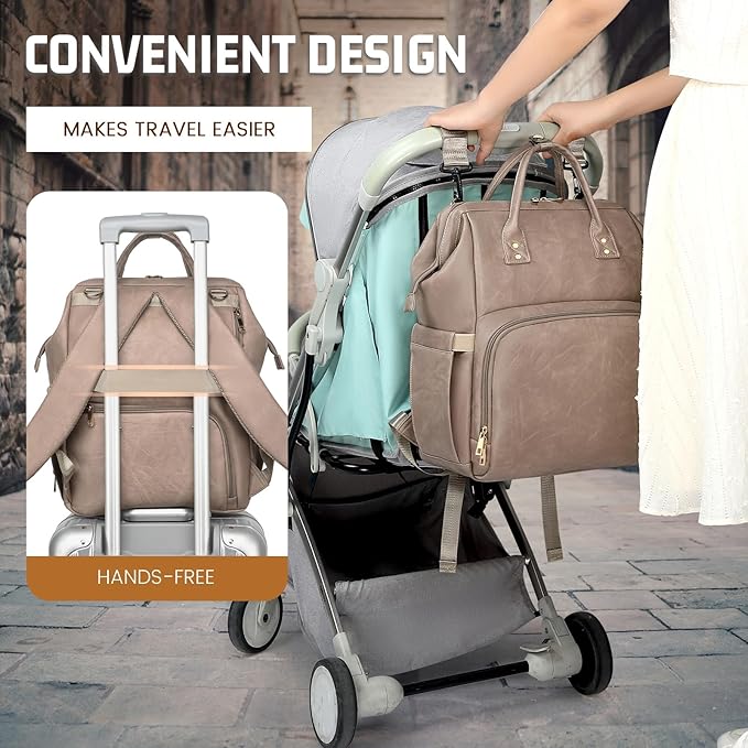 ROSEGIN Premium Vegan Leather Diaper Bag Backpack with Waterproof Changing Pad – Reinforced Stitching & Zippers, Baby Bag for Boy Girl, Stroller Straps, Ergonomic Design for Traveling Moms, Taupe
