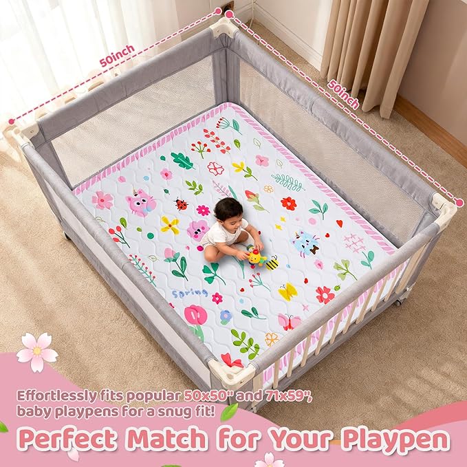 Baby Play Mat for Floor, 50'' x 50'' Thicken Foam Soft Padded Mat for Baby, Playpen Mat for Toddlers Infant Kids, Machine Washable, Non-Slip Bottom Safe for Crawling (Flower)