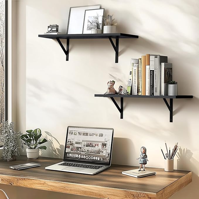 Heavy Duty Long Wall Shelves Set of 2, Floating Shelves Wall Mounted with Industrial Brackets, 40lbs Capacity Shelves for Laundry Room, Kitchen, Bathroom, Living Room (24"*8",Black)