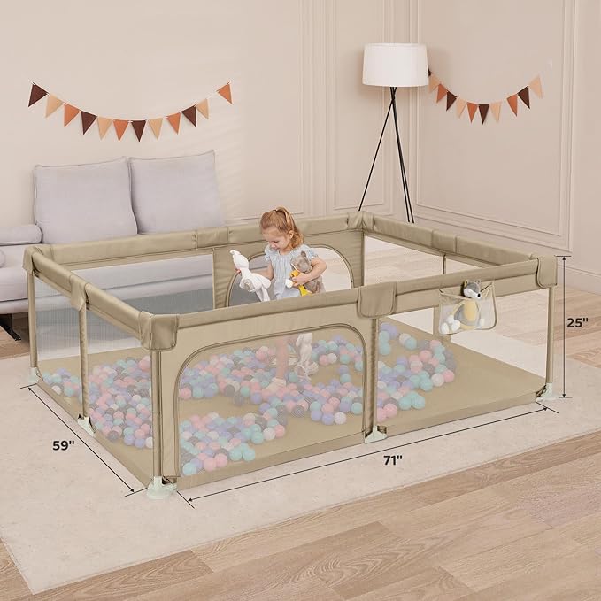Dripex Large Baby Playpen 71×59 Inch, Large Playpen for Babies and Toddlers- Indoor & Outdoor Kids Safe Play Yard, Soft Breathable Visible Mesh, Anti-Fall & Anti-Slip Design Baby Fence, Khaki