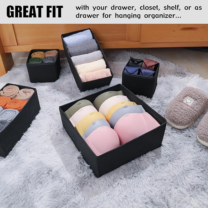 Pomety Black Foldable Underwear Drawer Organizer and Closet Dividers Foldable Cloth Storage Box Drawer Divider Organizer Bins for Clothes, Socks, Bras, Underwear,3 Pack （Black）