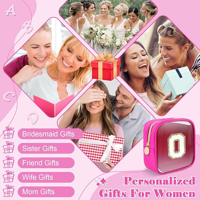 Personalized Initial Letter Clear Preppy Makeup Bag,Mini Nylon Chenille Letter Cosmetic Bag Cute Zipper Pouch Coin Purse for Teen Girls,Portable TSA Approved Travel Essentials Bag Gift for Women,O