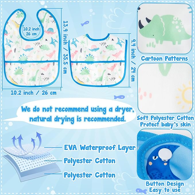 2ooya 6Pcs Baby Bibs for Eating Toddler Adjustable Feeding Bibs with Crumb Catcher Pocket Waterproof Sleeveless Teething Plastic Food Bib Set Infant Keepsake Gift for Baby Shower, 6-24 Months