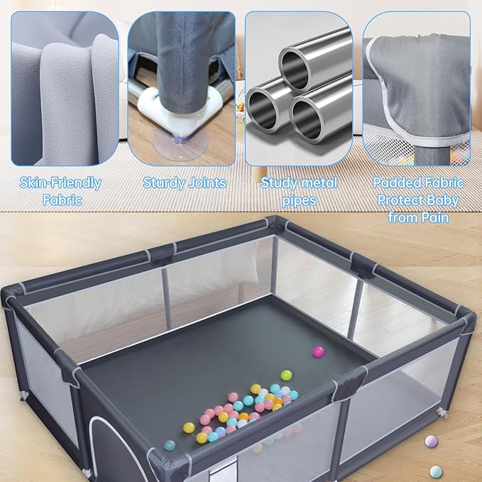 Baby Playpen, 50 x 50 inch Baby Playard, Playpen for Babies and Toddlers, Play Pen for Indoor & Outdoor, with Soft Breathable Mesh,No Gaps Playpens for Babies, Grey