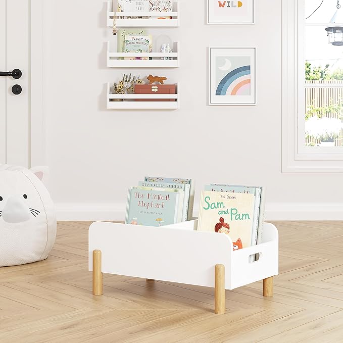 UTEX Montessori Bookshelf for Kids, Wooden Book Shelf for Kids Rooms, Toddler Book Caddy with Adjustable Divider, Floor Book Display, Baby Book Rack for Classroom Nursery
