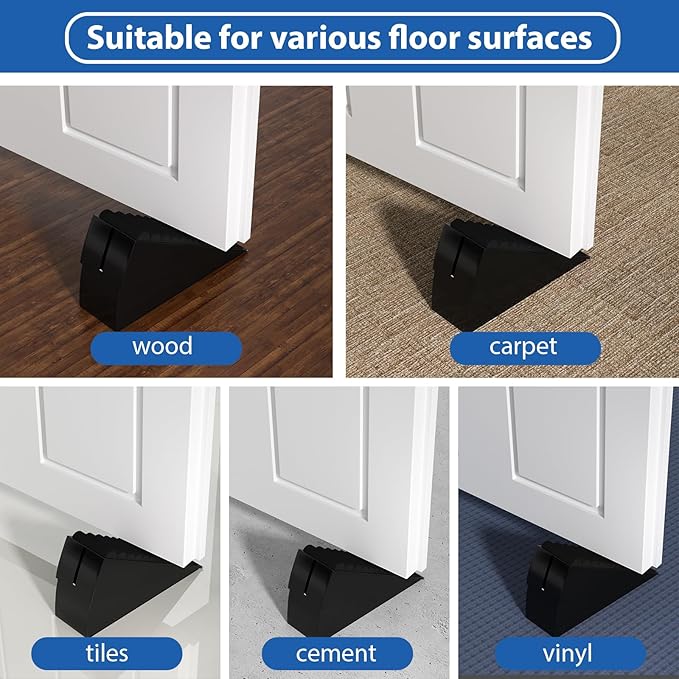 HOMOTEK Adjustable Tall Wedge Door Stopper, Heavy Duty Higher Door Stopper for Bottom of Door, Large Stainless Steel Door Stop Spring Non-Slip Rubber, Suit for Door Clearance of 0.2"-3", Black 2Pack