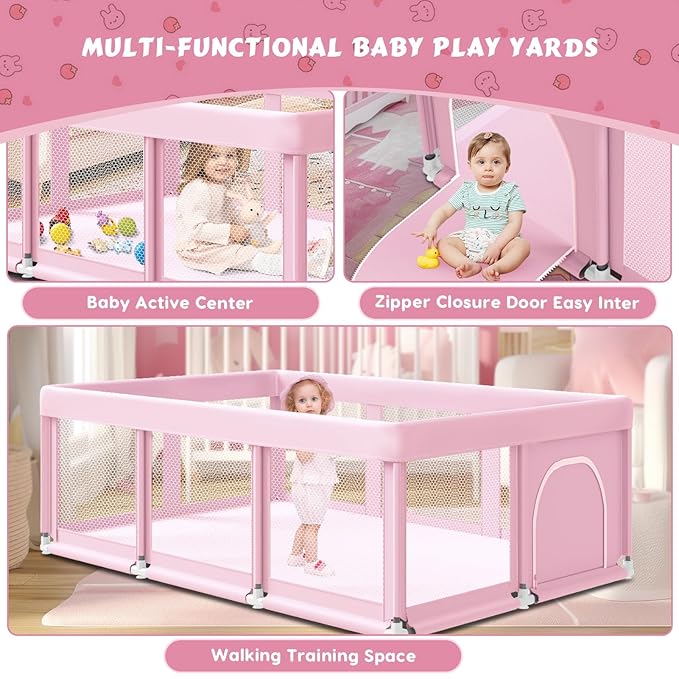 Fshibila 74" ×50" Large Baby Playpen, Baby Playard for Babies and Toddlers, Play Pens for Indoor & Outdoor, Sturdy Safety Play Yard with Soft Breathable Mesh, Anti-Fall, Pink