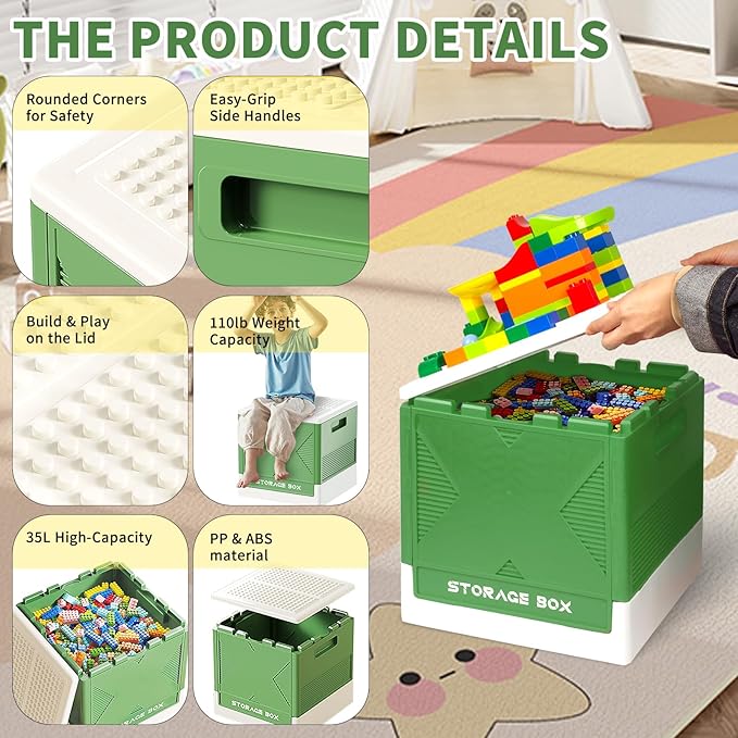 Collapsible Storage Box with Large Building Lid, Multifunctional Toy Storage Box for Brick, Bead, Tool, Sewing, Foldable Storage Bin(Green)