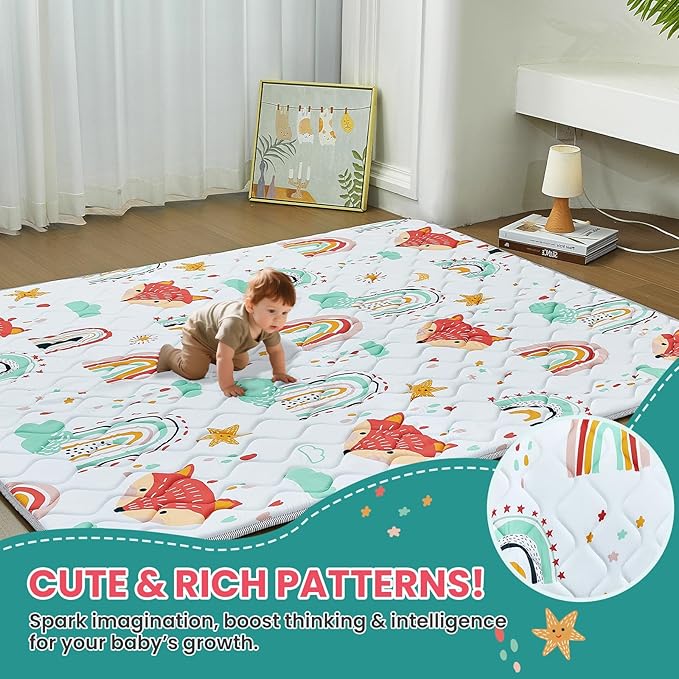 Duwenem Baby Play Mat for Floor,50x50 Inch Soft Foam Padding Crawling Mat for Playpen, Foldable and Machine Washable, Thick for Babies & Toddlers,Rainbow Fox