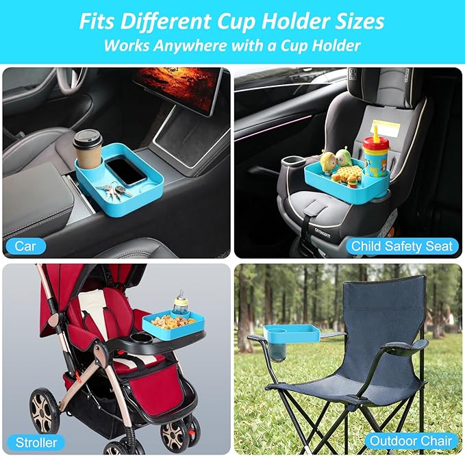 Car Seat Snack Tray for Kids, Mess-Free Square Travel Tray Cup Holder Snack Tray, Durable Car Food Tray for Toddlers, Universal Fit Kids Travel Road Trip Essentials (Sky Blue)