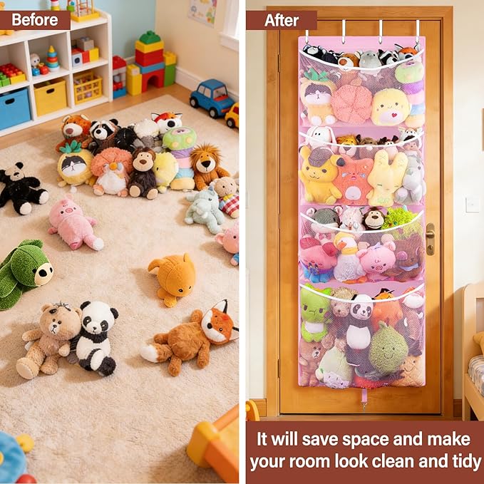 Woodoulogy Hanging Stuffed Animal Storage, Over Door Large Plush Toy Organizer with Metal Hook, Baby Accessory Holder Idea for Nursery, Doll & Bear Mesh Hammock Bag for Girl Boy Kid Room