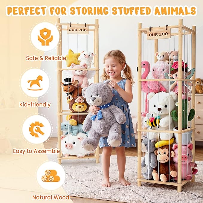 Woodure Stuffed Animal Storage & Organizer, Wooden Cute Zoo Toy Holder for Toddler Rooms, Playrooms & Bedrooms(2pcs)