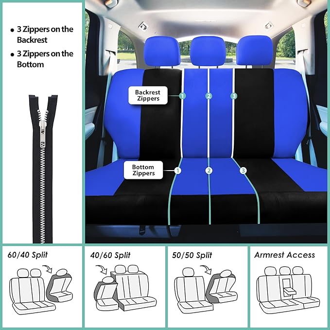 FH Group Full Set Cloth Car Seat Covers , Universal Fit Combo Set with Steering Wheel Cover and Seat Belt Pad for Cars, SUVs and Trucks, Blue