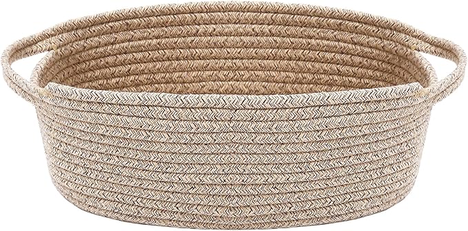 JMvicyroam Woven Basket,Small Rope Storage Bin with Handles & Ribbon Bag, Organizer for Shelves Closets,Gift Basket Empty for Birthday,Books,Dog Toys,Oatmeal