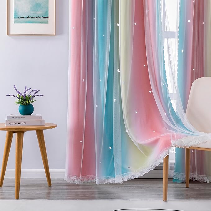 XiDi Curtains for Girls Bedroom Decro,Full Blackout 84 Inches Long for Kids Room, Colorful Rainbow Style, Unicorn Wall Decor Ombre Curtains, Princess Room Pink/Blue