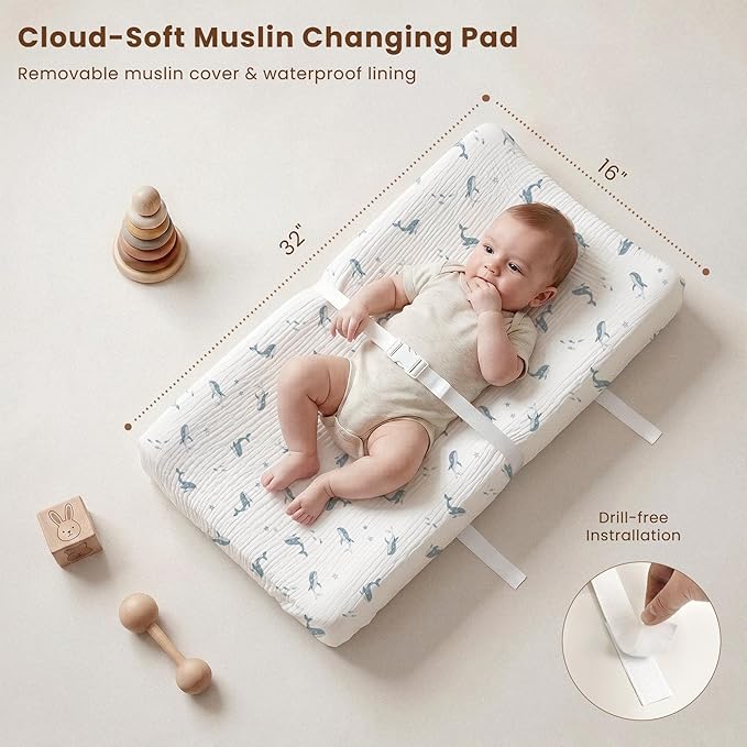 Konssy Muslin Changing Pad with Waterproof Lining Foam, Includes 2 Pack Soft & Cotton Cover, Baby Diaper Changing Pad for Dresser or Table, 32x16 inches (Little Whales, Blue)