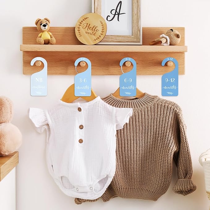 Whaline 7Pcs Blue Wood Baby Closet Size Dividers with Velvet Bag Newborn to 24 Month Thicken Infant Wardrobe Hanger Organizers for Home Nursery Party Favors Supplies