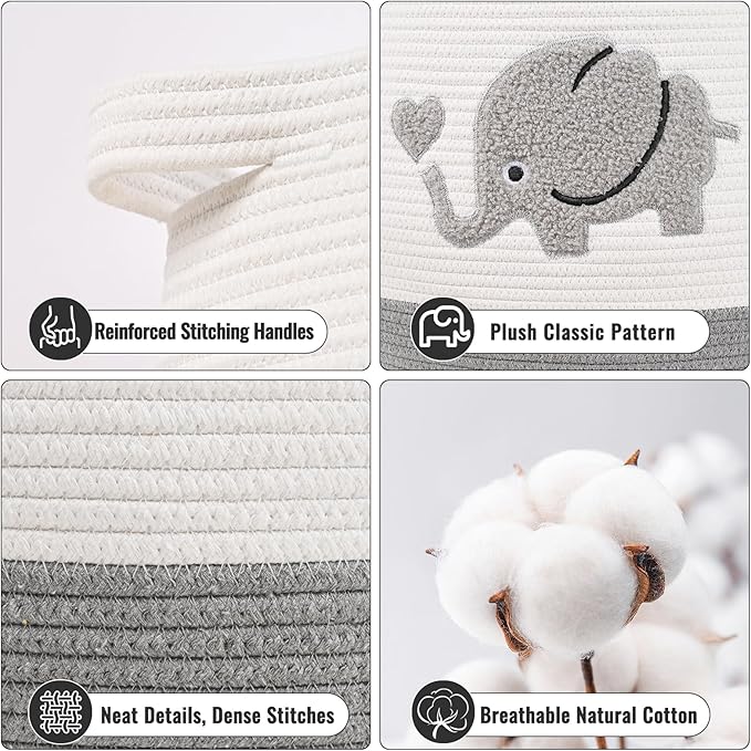Large Baby Laundry Basket, Gray Laundry Hamper for Baby, Toy and Blanket Storage Basket, Cotton Rope Baskets for Organizing 17"x15.7"