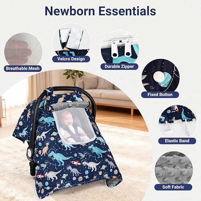 Car Seat Cover Baby, Carseat Covers Baby with 2 Layers Breathable Windows, Windproof Infant Car Seat Cover, Kick-Proof Baby Carrier Cover for Baby Boy Newborn Essentials