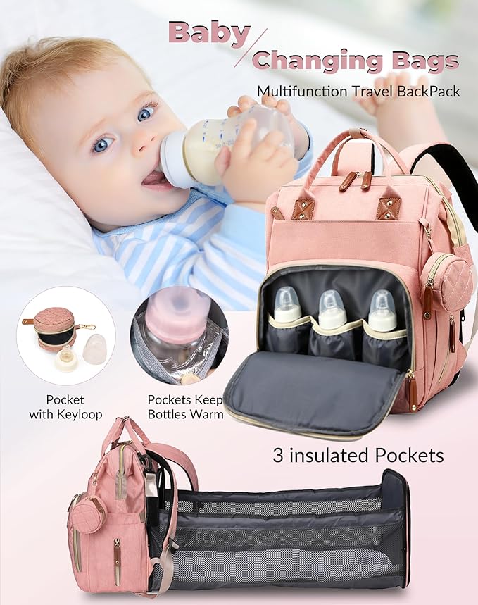 Lamroro Diaper Bag with Changing Station, Waterproof 3 in 1 Baby Diaper Backpack with Foldable Changing Pad, Large Travel Back Pack for Baby Girl Boy, Peach Pink