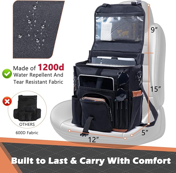 SPORJET Car Seat Organizer with Lid and Laptop Compartment (Fits 15.6"), Front Seat Passenger Organizer with Adjustable Strap, Multiple Pockets, Portable Office Bag, Water-Resistant 1200D Polyester