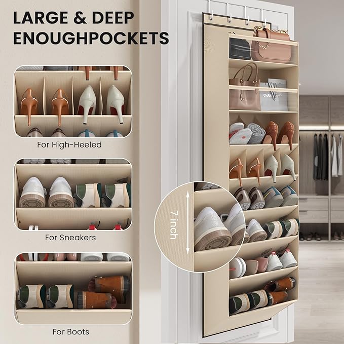 Mefirt 8 Tier Clear Over the Door Shoe Organizer with Deep Pockets, Door Shoes Rack with hard Cardboard and Tubes to Keep the Shape, Hanging Shoe Rack for Closet Organizers, Shoe Holder Beige