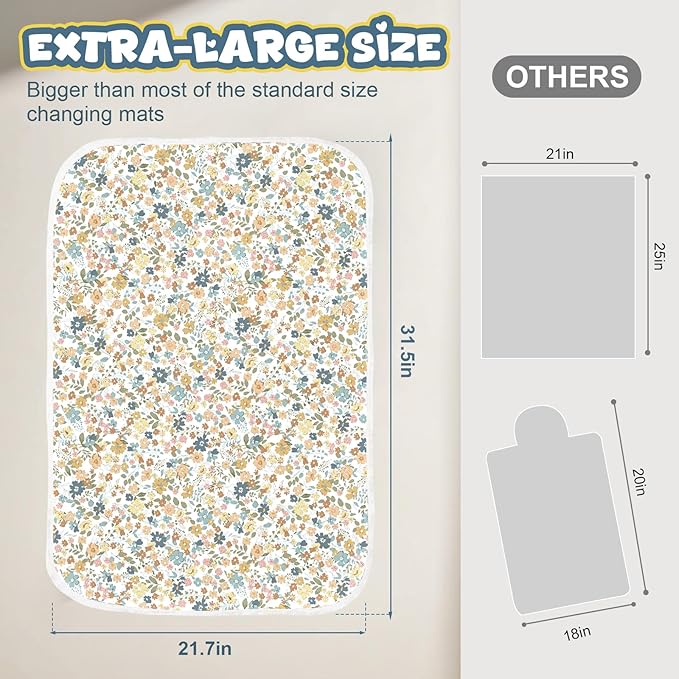 Coinarin Baby Diaper Changing Pad – 31.5" x 21.5" Extra Large Waterproof Absorbent Portable Changing Mat, Reusable Changing Pad Liner for Travel or at Home Use(Floral1)