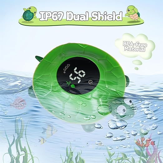 Baby Bath Thermometer with LED Display-Rechargeable Water&Room Temperature Monitor, Floating Toy with Temp Alert, Waterproof for Newborns, Nurseries - Must Have Bath Essentials (Green Tortoise)
