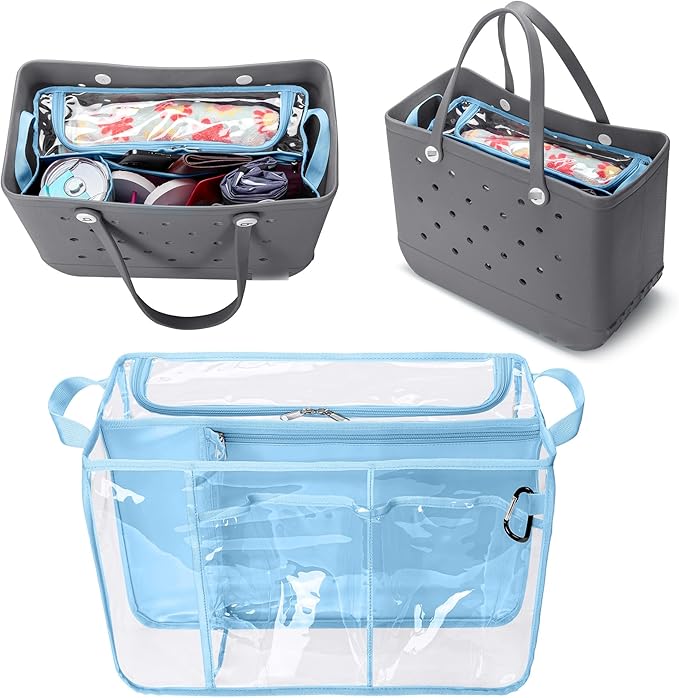 Clear Beach Bag Organizer Insert Compatible with BOGG BAG Original X Large, Zipper Organizer Liner Compatible with BOGG BAG Original X Large, Insert Divider Pouch with 2 Compartments, Blue