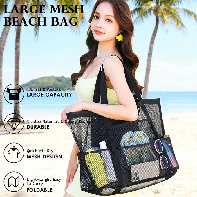 Mesh Beach Bag, Large Beach Tote with Zipper Pocket for Family Pool Bag for Toys & Vacation Essentials