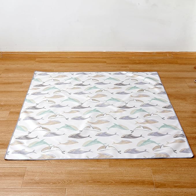 Baby Splat Mat for Under High Chair, 51 x 51 Inch Wipeable Splash Mat，Floor Protector，Wipe-Clean Tablecloth and Playing Mat (Whale)