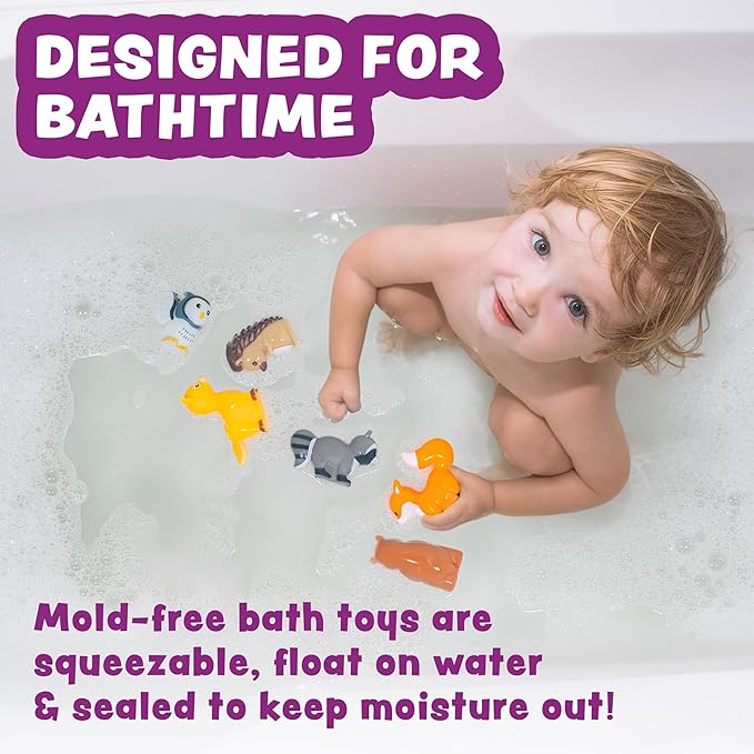 Tub Works® Woodland Animals Watertight Baby Bath Toys, 6 Pack | Sealed, No Hole Bath Toys Design Keeps Moisture Out | Soft, Squeezable & Float on Water | Easy-Grip Toddler Bath Toy Set for Kids Bath