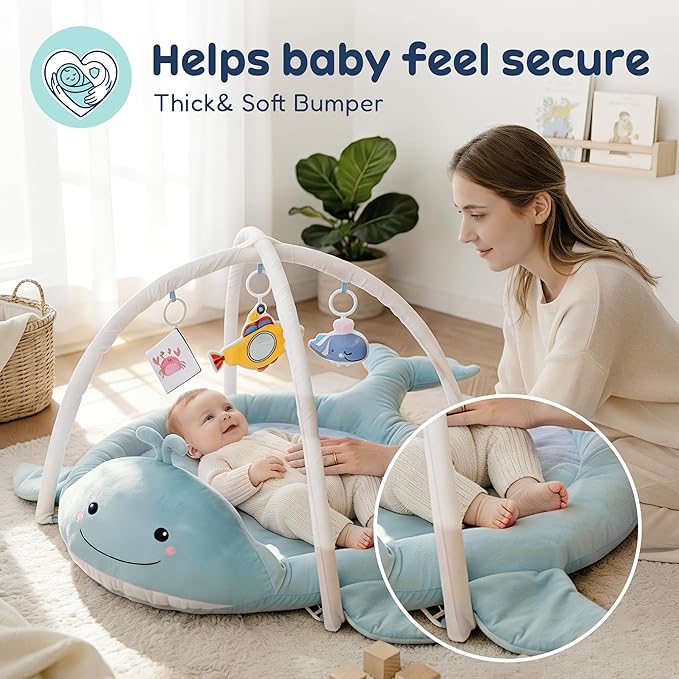Baby Play Mat, Whale Tummy Time Mat with Toys, Baby Activity Gym for Infants 0–12 Months Sensory Floor Mat for Boys & Girls
