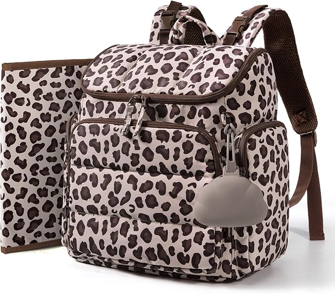 mommore Diaper Bag Backpack, Baby Bag with Waterproof Changing Pad and Stroller Straps for Toddler, Diaper Backpack for Mom Dads with Insulated Pockets & Pacifier Case, Travel Essential, Leopard