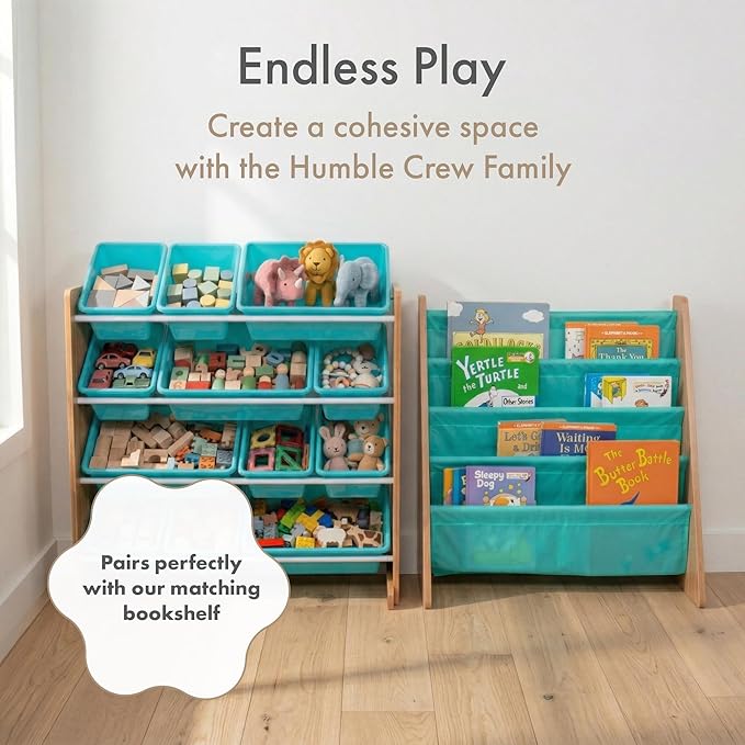 Humble Crew Toy Storage Organizer with 12 Removable Storage Bins for Kids Playroom, 4-Tier Toddler Toy Organization, Natural Wood/Aqua