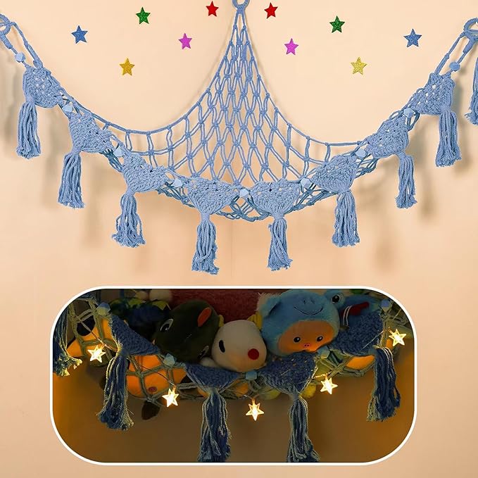 Stuffed Animal Hammock Corner - 56'' Jumbo 5mm Double Macrame Cord Handcrafted Stuffed Animal Net - 100% Natural Cotton Toy Hammock Holder - Cornflower Blue Stuffy Plushie Net w/LED Star Light