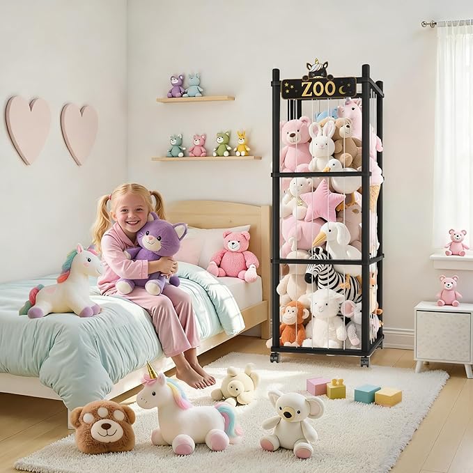 Stuffed Animal Storage Zoo Tower,56In Wooden Large Stuffed Animal Holder Organizer with Wheels,Stuffy Plushies Storage with Elastic Band&Mesh Bottom,Toy Storage Organizers for Playroom Nursery（Black）