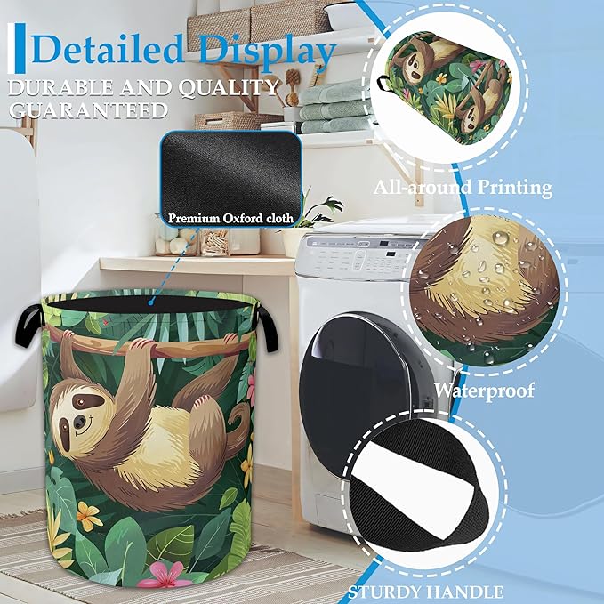 Palm Sloth Laundry Basket Collapsible Laundry Hamper Oxford Storage Bin for Clothes Storage, Toy Organizer, Books and Sundries 16" X 20.8"