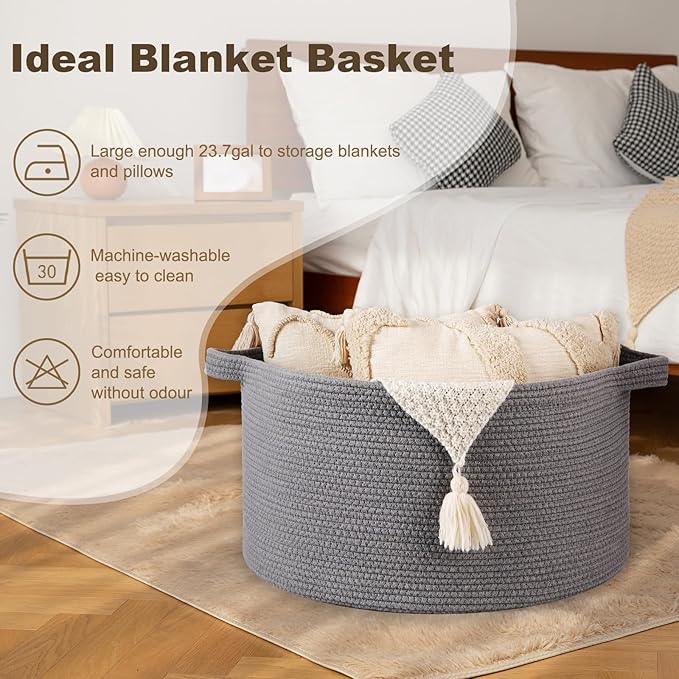 OIAHOMY 90L Blanket Basket for Living Room, Large Basket 23" x 23" x 13" with Handle, Laundry Hamper for Blankets, Pillows, Toy Storage for Kids, Dogs - Light Grey
