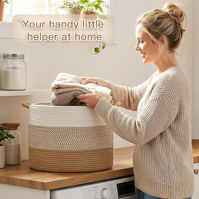 Artfeel 40L Large Cotton Rope Basket, Decorative Woven Blanket Storage for Living Room, Boho Toy Storage & Toy Box for Kids, Versatile Laundry Basket & Nursery Hamper for Blankets(Brown)