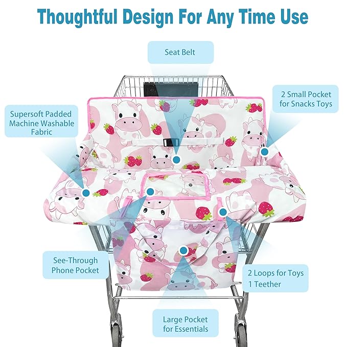 Shopping Cart Cover for Baby,2-in-1 High Chair Cover Soft,Portable, and Machine Washable,Comfortable Cotton Seat Pad with Safety Harness and Portable Cloth Bag,Fits All Supermarkets and Restaurants