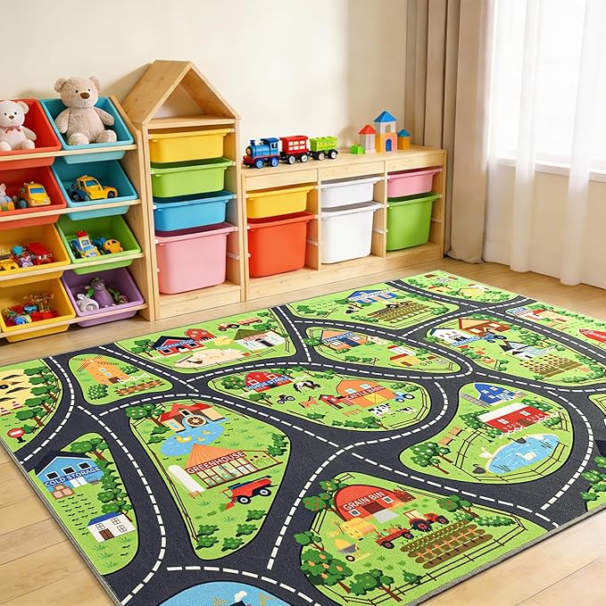 Farmyard Adventure Play Rugs, Educational and Fun Farm Play Mat for Kids, 5x7ft Non-Slip Playmat with Barns, Animals & Crops for Imaginative Play, Nursery, Playroom and Classroom