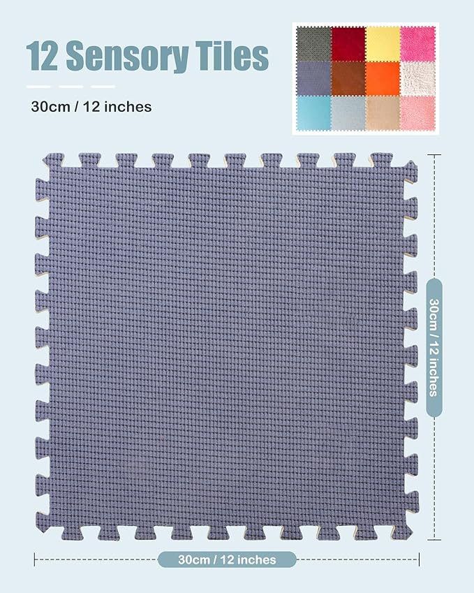 12 Set Sensory Floor Tiles - Textured Sensory Mats, Interlocking Sensory Rug Sensory Toys for Autistic Children Kids Baby Toddler Multi Sensory Exploration, Tactile Play, Fidgeting Activity