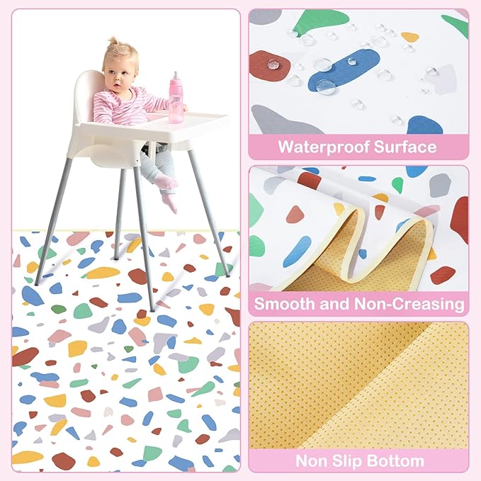 Basumee Splat Mat High Chair Mat Waterproof Baby Play Splat Mat for Under High Chair Food Catcher Highchair Mat for Floor Non Slip Bottom, White Speckle, 46x42 Inches