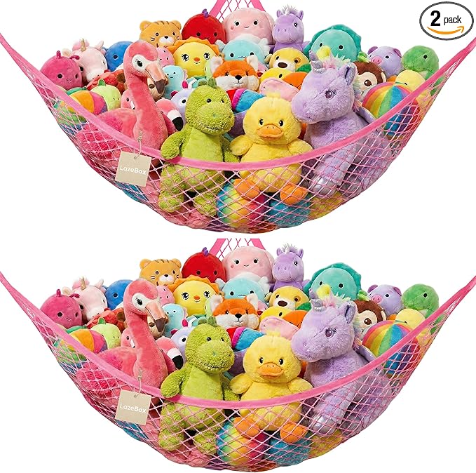 Lazebox Stuffed Animal Net Hammock for Plushie Toys, Stuffed Animal Hammock Corner for Kids' Room Decor, Ideas for Organizing Stuffy Collection, Pink, L (67" x 40" x 40")-Pack of 2