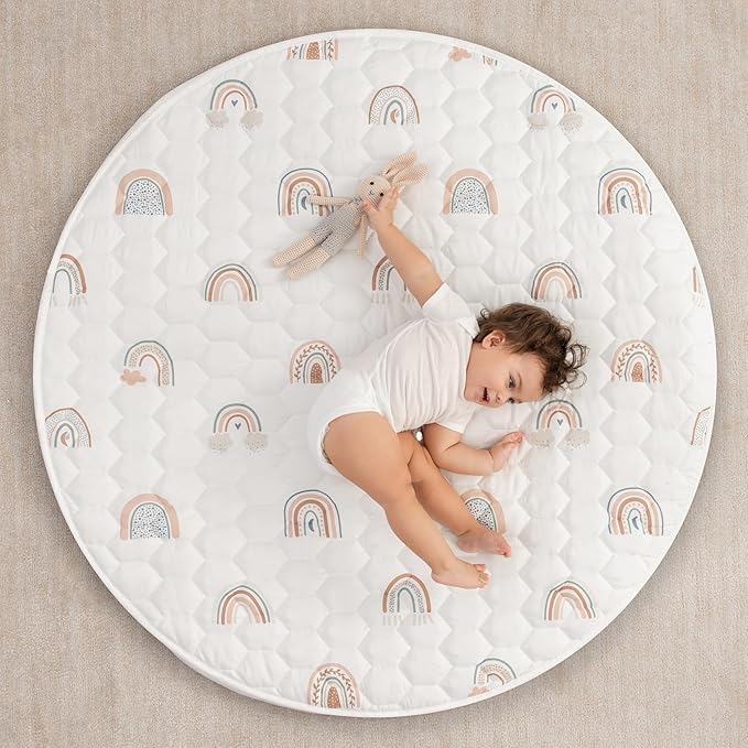 Comfy Cubs Round Kids Play Mat - Medium 48 inches Soft Quilted Baby Floor Mat with Non-Slip Bottom - Plush Design for Toddlers' Playtime - Comfortable and Durable - Rainbow